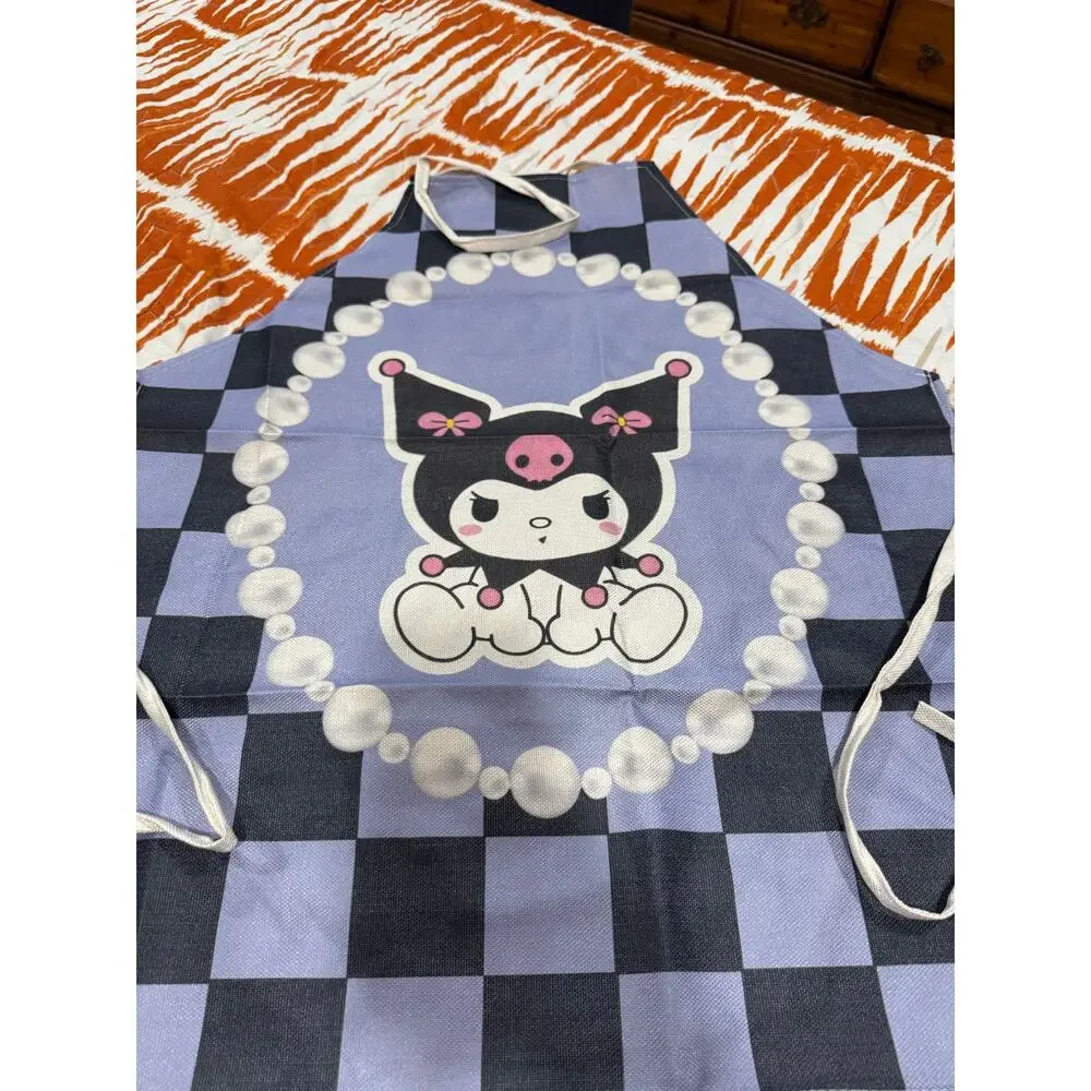 Sanrio Kuromi black and purple checkered apron with pearl necklace graphic